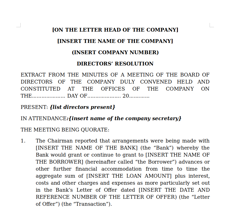 Board Resolutions where a Company is guaranteeing a third party